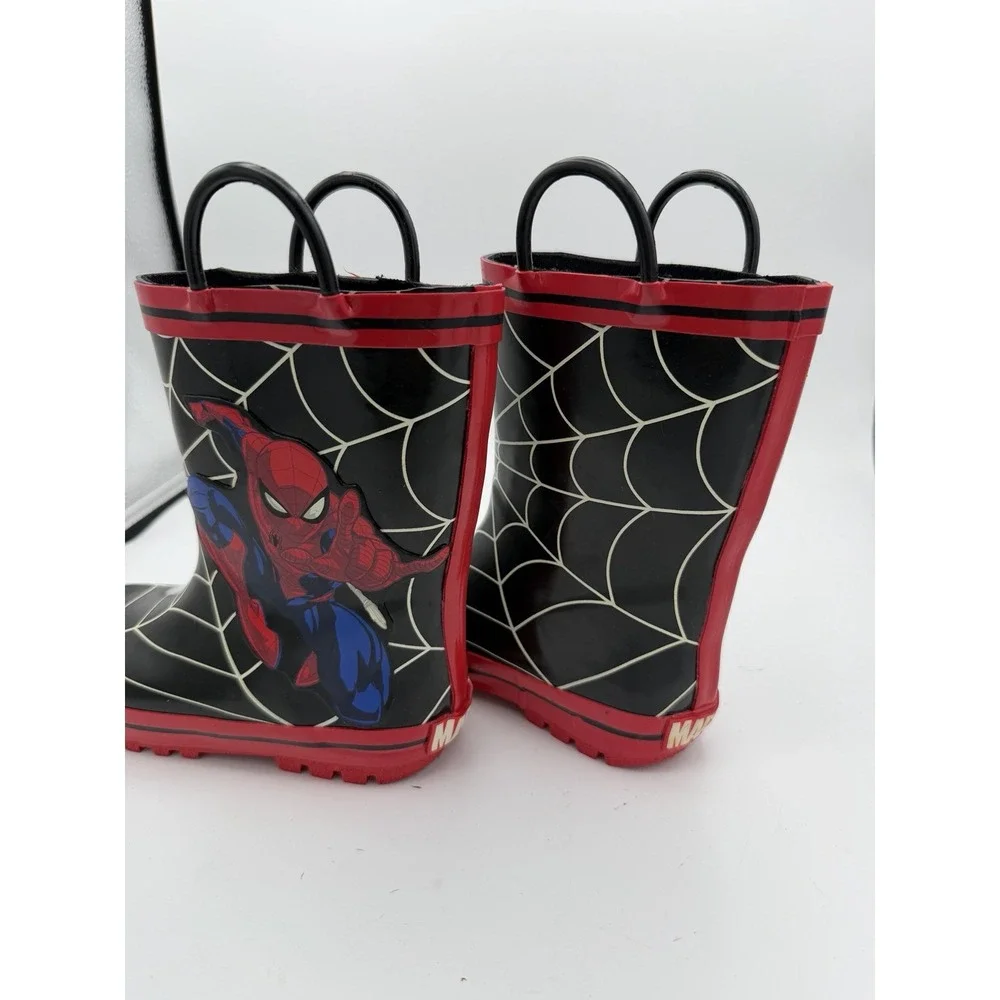 Marvel Spider-Man Kids Rain Boots Size 10 M Black Red Pull Handles.       1789